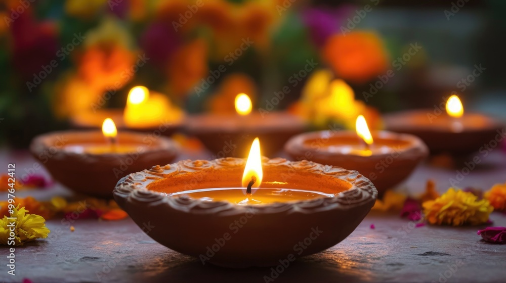 A close-up of clay diyas lit during Diwali celebration, with vibrant candles and floral decorations in the background A close-up of clay diyas lit during Diwali celebration, with vibrant candles and floral decorations in the background