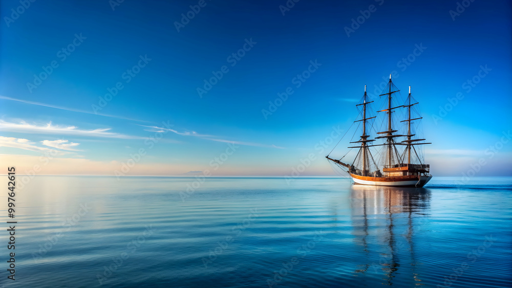 Ship sailing on calm sea with clear blue sky in the background, ship, sailboat, ocean, sea, water, horizon Ship sailing on calm sea with clear blue sky in the background, ship, sailboat, ocean, sea, water, horizon