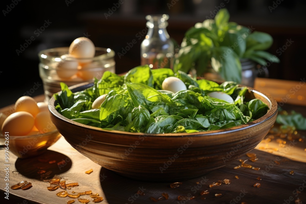 Fresh Baby Spinach leaves in a bowl and eggs on a wooden table, generative IA Fresh Baby Spinach leaves in a bowl and eggs on a wooden table, generative IA