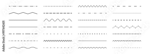 Dashed straight, wavy and zig zag line set. Dotted dividers or separators design element collection. Broken stroke pack for underline, emphasis, highlight. Repeated dash zigzag lines bundle. Vector