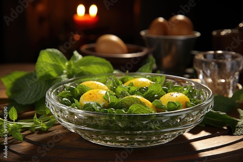 Fresh Baby Spinach leaves in a bowl and eggs on a wooden table, generative IA