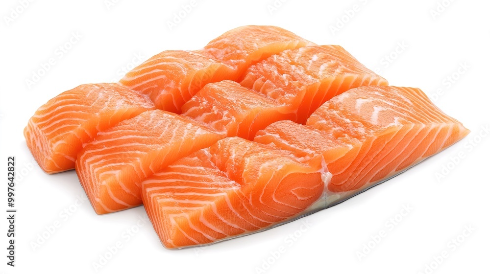 Fresh salmon fillet slices elegantly displayed against a clean white background. These vibrant and visually appealing pieces highlight the rich color and texture of the salmon, Fresh salmon fillet slices elegantly displayed against a clean white background. These vibrant and visually appealing pieces highlight the rich color and texture of the salmon,