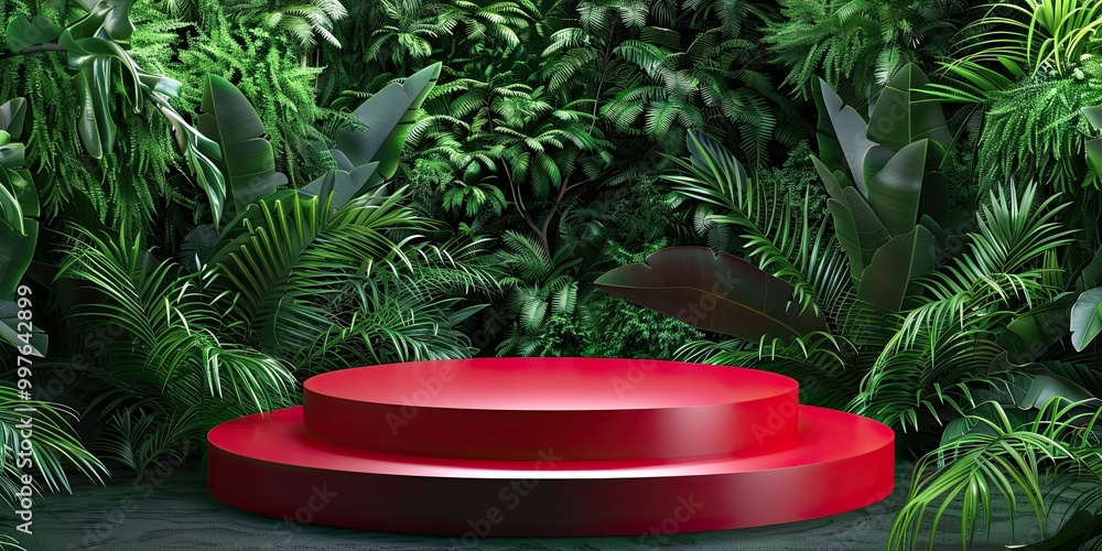 Modern red round shape steps pedestal podium isolated on tropical green forest 