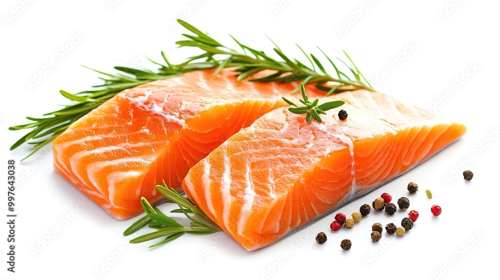 Fresh salmon fillet slices elegantly displayed against a clean white background. These vibrant and visually appealing pieces highlight the rich color and texture of the salmon, Fresh salmon fillet slices elegantly displayed against a clean white background. These vibrant and visually appealing pieces highlight the rich color and texture of the salmon,