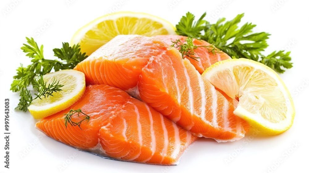 Fresh salmon fillet slices elegantly displayed against a clean white background. These vibrant and visually appealing pieces highlight the rich color and texture of the salmon, Fresh salmon fillet slices elegantly displayed against a clean white background. These vibrant and visually appealing pieces highlight the rich color and texture of the salmon,