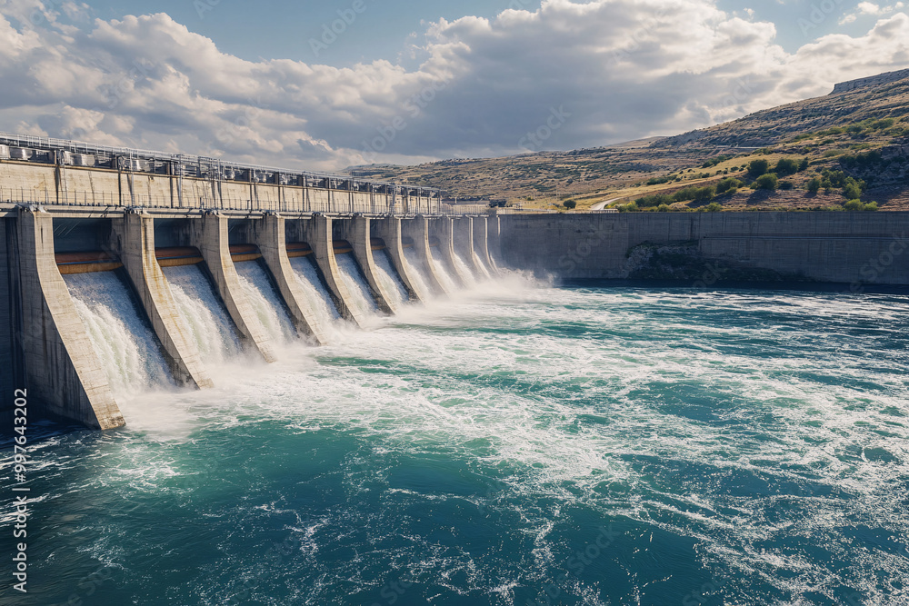 dramatic dam with rushing water and cloudy sky dramatic dam with rushing water and cloudy sky