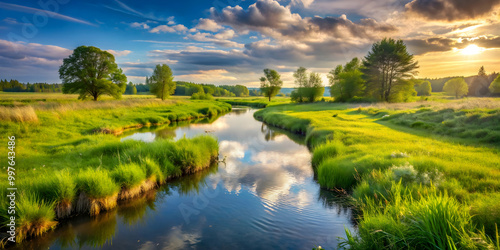 Tranquil meadow with a stream, reflecting on mindfulness in nature , Mindful living, balance, nature, calm