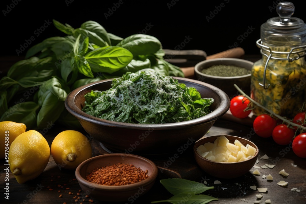 Green Spinach Organic Trenette with ingredients, spices to prepare the tasty Ita, generative IA Green Spinach Organic Trenette with ingredients, spices to prepare the tasty Ita, generative IA