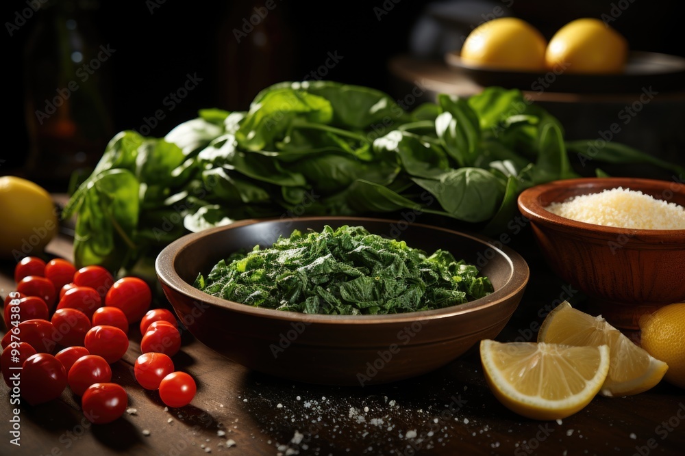 Green Spinach Organic Trenette with ingredients, spices to prepare the tasty Ita, generative IA Green Spinach Organic Trenette with ingredients, spices to prepare the tasty Ita, generative IA