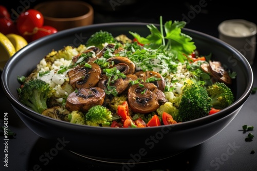 Me dietary. Healthy vegetable vegan salad broccoli, mushrooms, spinach and quin, generative IA