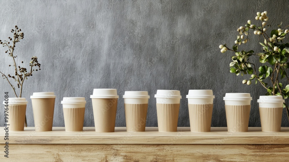 A collection of beige takeaway coffee cups arranged in a minimalist mockup setting on a wooden table. A collection of beige takeaway coffee cups arranged in a minimalist mockup setting on a wooden table.