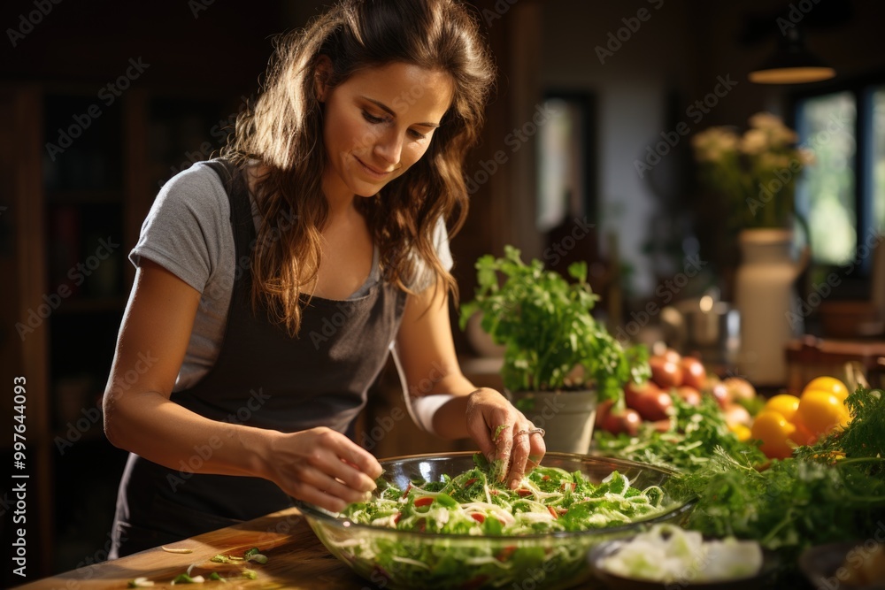 Woman adding spinach with sliced ??onion in the side view to seasonal salad, generative IA Woman adding spinach with sliced ??onion in the side view to seasonal salad, generative IA