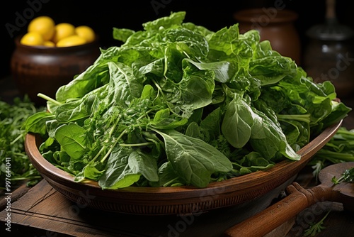 Mix leaf salad, arugula, spinach and Swiis chard. wooden bottom. View of the top, generative IA photo