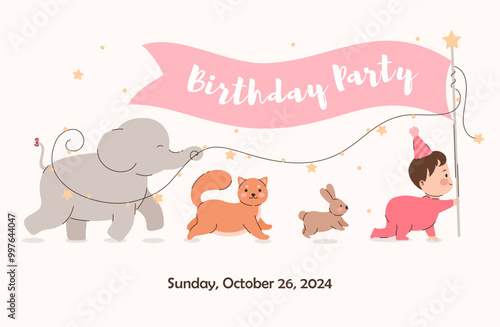 Birthday invitation card with a picture of a baby with a flag, a cat, a hare and elephant. Flat vector illustration.