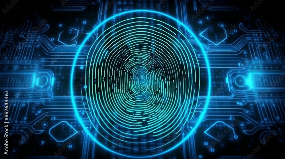 A blue and green image of a fingerprint with a blue circle in the middle A blue and green image of a fingerprint with a blue circle in the middle