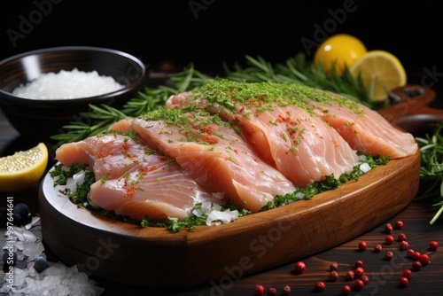 Raw chicken breast and spinach on a wooden plate next to spices, salt and oil, o, generative IA