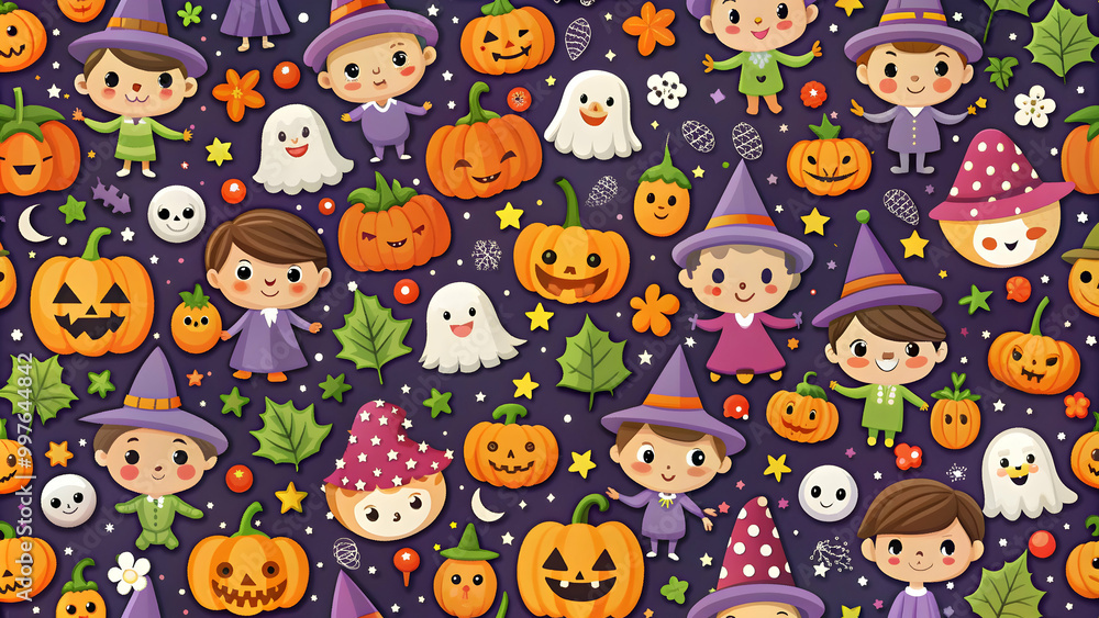 Naklejka premium Halloween seamless children pattern background with cute and spooky elements, Halloween, seamless, children, pattern, background