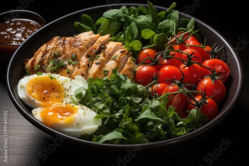 Dish with a dietary food. Cherry tomatoes, chicken breast, eggs, carrots, salad , generative IA photo