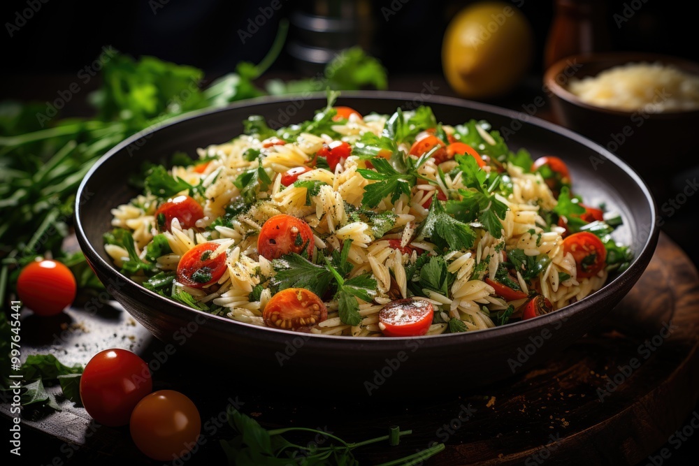 Pasta salad with orzo spinach and feta cheese, generative IA Pasta salad with orzo spinach and feta cheese, generative IA