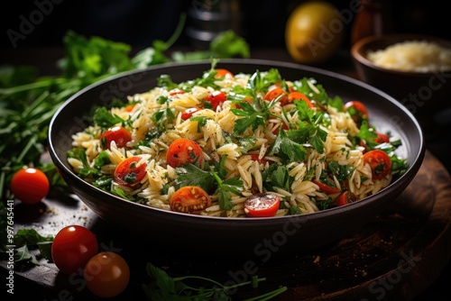 Pasta salad with orzo spinach and feta cheese, generative IA