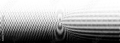 Dotted halftone gradient texture. Fading wave polka dot background. Dot curved circular pattern wallpaper. Black and white comic pop art overlay backdrop. Halftone raster moire effect. Vector
