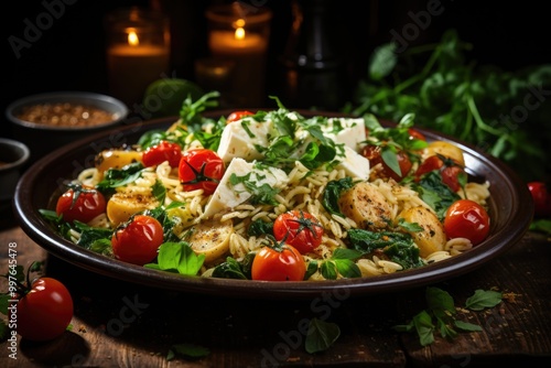 Pasta salad with orzo spinach and feta cheese, generative IA