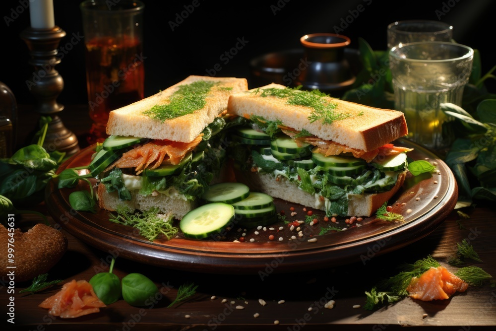 Plan sandwich with cucumber and salmon on the plate with spinach, generative IA Plan sandwich with cucumber and salmon on the plate with spinach, generative IA
