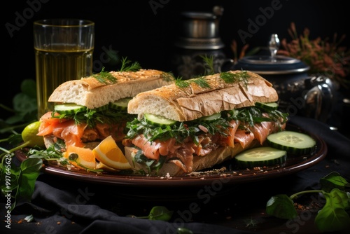 Core sight sandwich with cucumber and salmon on the plate with spinach, generative IA photo