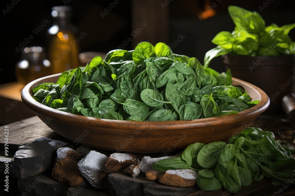 Wooden bowl with fresh spinach on a natural black slate stone, generative IA Wooden bowl with fresh spinach on a natural black slate stone, generative IA