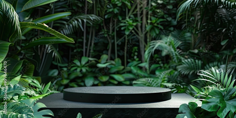 Modern black round shape steps pedestal podium isolated on tropical green forest Modern black round shape steps pedestal podium isolated on tropical green forest