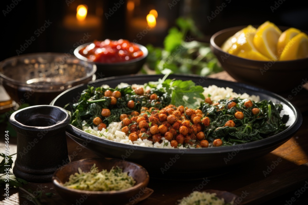 A plate of food with different dishes, including chickpeas, spinach and spinach, generative IA A plate of food with different dishes, including chickpeas, spinach and spinach, generative IA