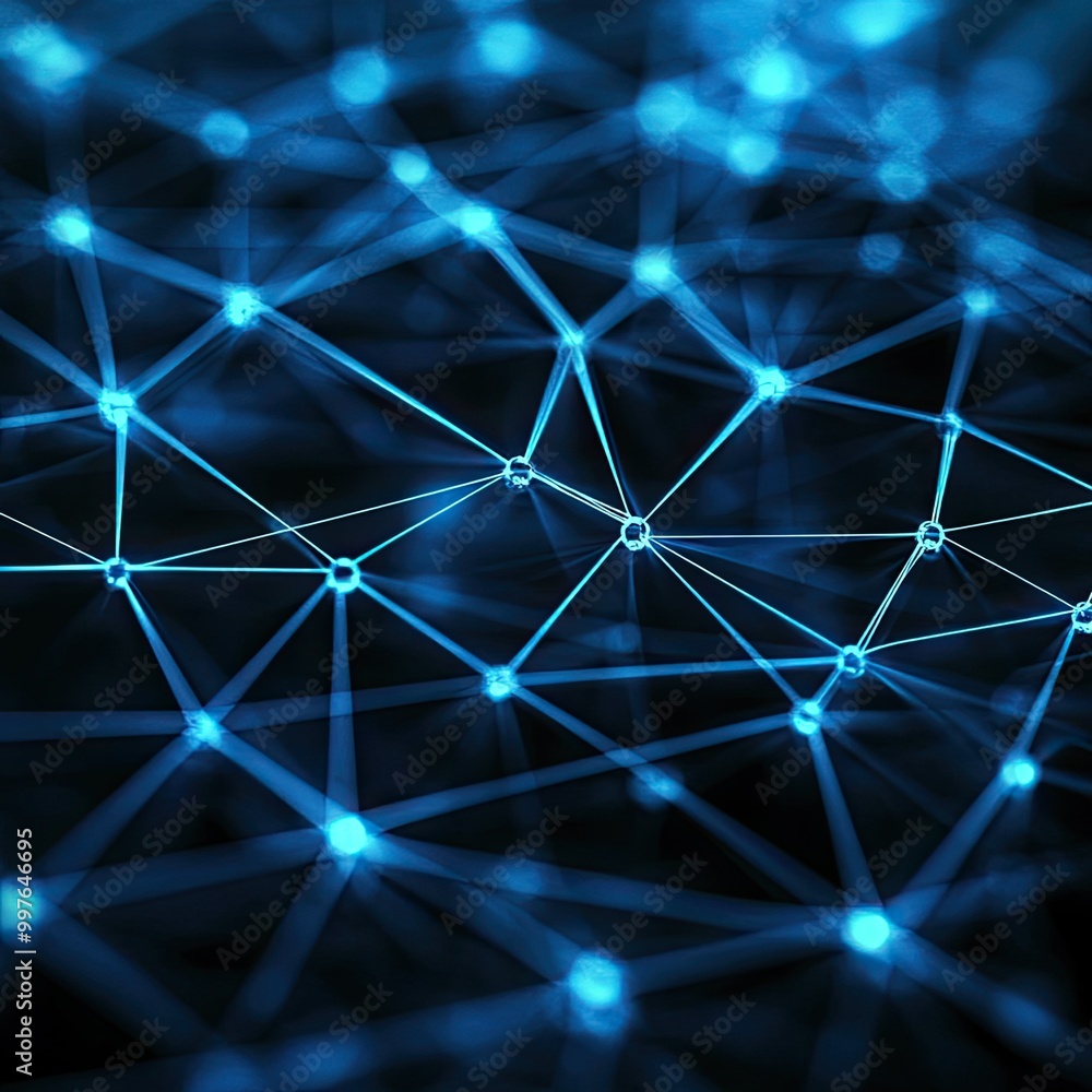 Abstract illustration of interconnected blue nodes and lines, representing technology, networking, and digital advancement. Abstract illustration of interconnected blue nodes and lines, representing technology, networking, and digital advancement.