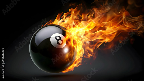 Burning black eight billiard ball on fire with flame tail on dark background photo