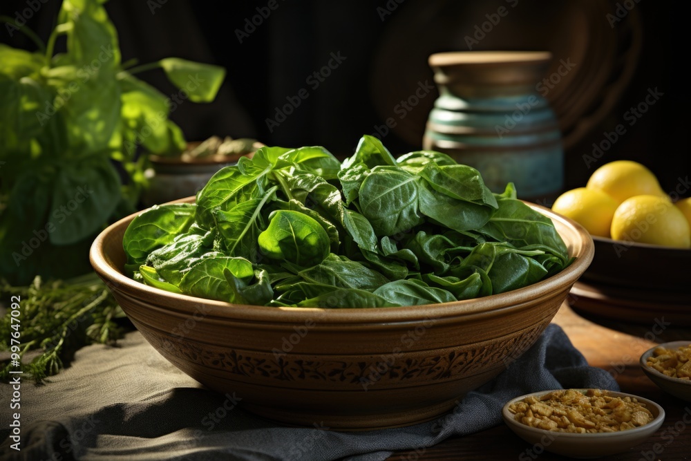 A bowl of spinach leaves is on a table next to a banana., generative IA A bowl of spinach leaves is on a table next to a banana., generative IA
