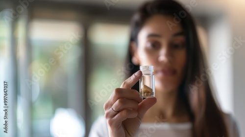 Woman holding small bottle of weight-loss pills, looking determined and focused in a minimalist, well-lit room with copy space for text. photo