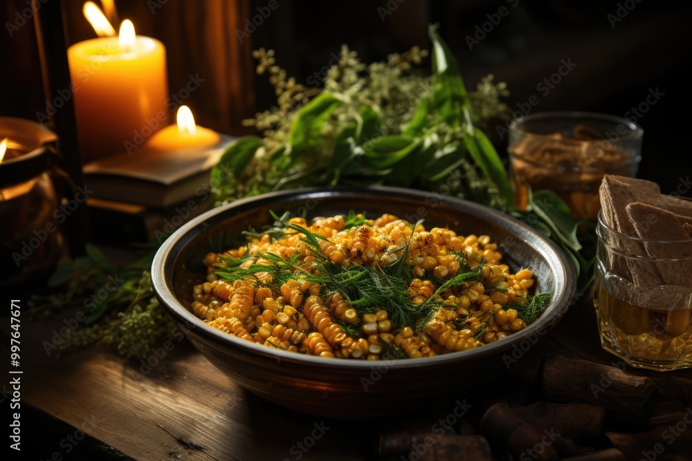 Upper view of the bowl full of dried corn with corn cut and spinach in the wood , generative IA Upper view of the bowl full of dried corn with corn cut and spinach in the wood , generative IA