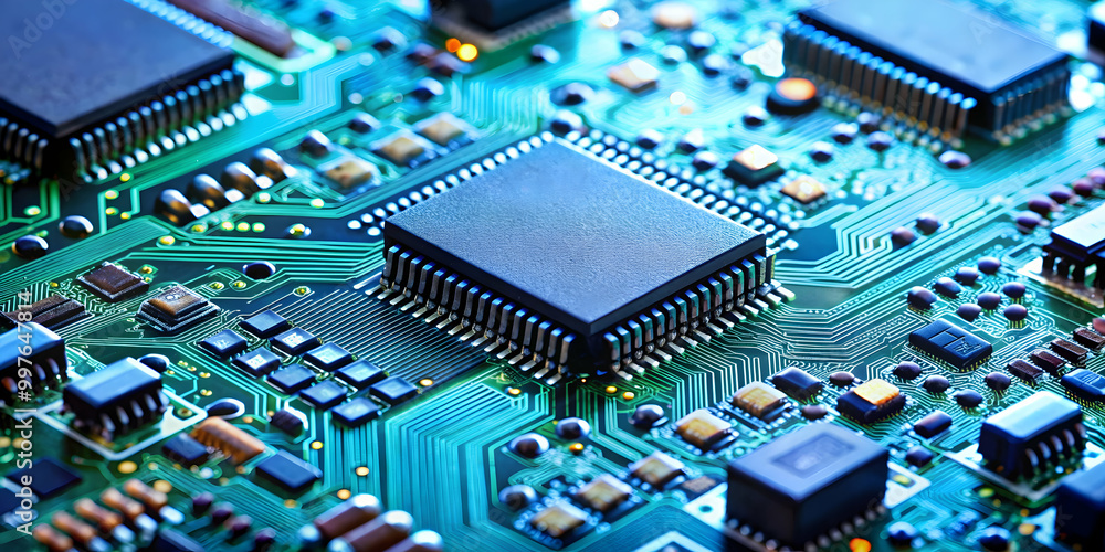 Close-up of microchips and electronic components, digital circuitry, technology, circuit board Close-up of microchips and electronic components, digital circuitry, technology, circuit board