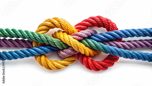 Colorful ropes tied together in a tight knot symbolizing business collaboration and networking, business