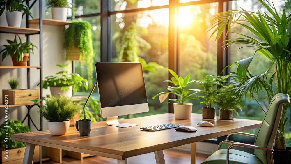 Fototapeta premium Modern office setup with computer on desk, surrounded by plants and lit by warm evening light, office, modern, computer, desk