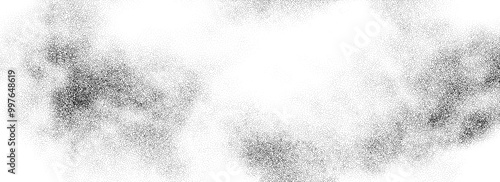 Stippled smoke cloud gradient texture. Grunge fluid sand grain background. Gritty noise wavy fog dot work wallpaper. Black and white dots, speckles, particles or granules backdrop overlay. Vector
