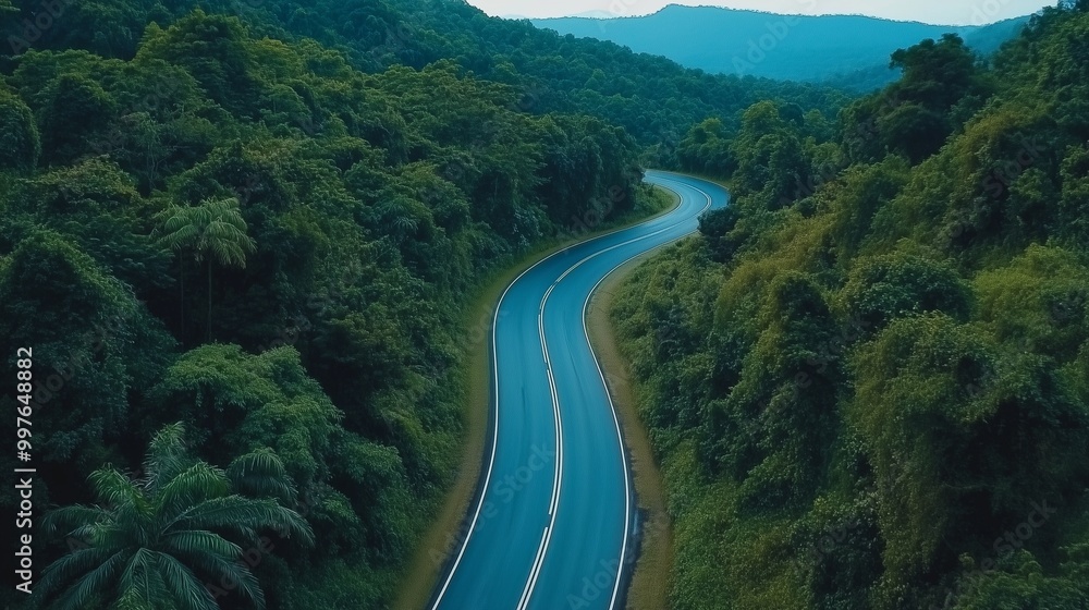 Asphalt road way in green forest mountain valley aerial view Asphalt road way in green forest mountain valley aerial view