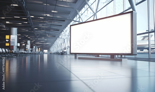 Blank white led light box in airport lounge mockup, 3d rendering photo