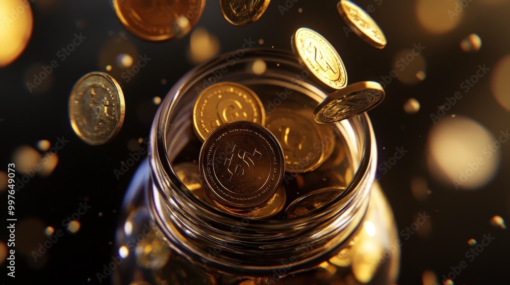 Coins falling into a jar with a golden glow in the background Coins falling into a jar with a golden glow in the background