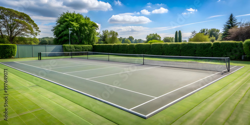 Wallpaper Mural Serene summer tennis court with grey hard court surface and white lines, offering ample space for text, tennis court, summer Torontodigital.ca
