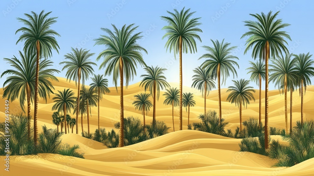 Fototapeta premium Lush palm trees in a sandy desert with clear blue sky