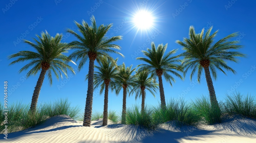 Fototapeta premium Sunlit palm trees on a sandy beach under clear blue sky