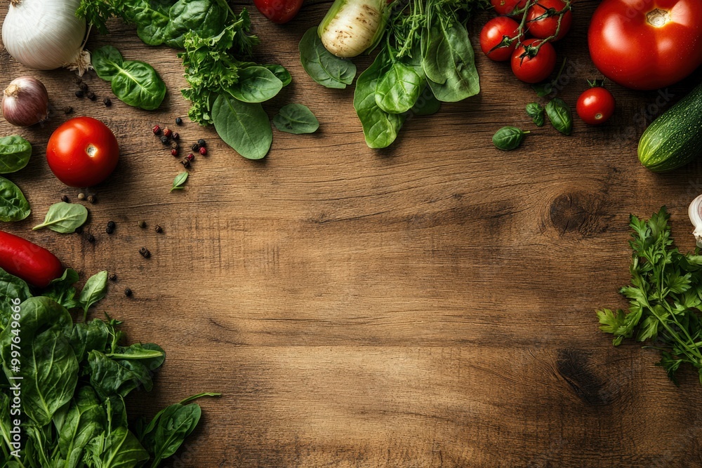 Many different vegetables healthy food isolated on wood background. Copy Space Food Theme.