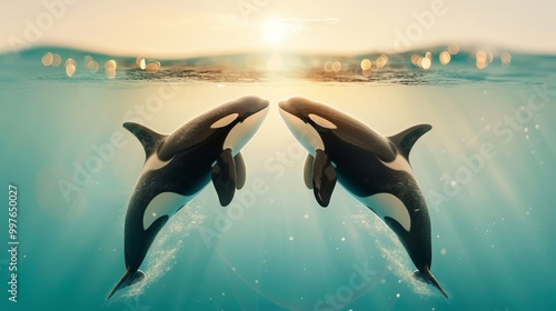 Two orcas swimming gracefully in calm ocean waters during sunset. photo