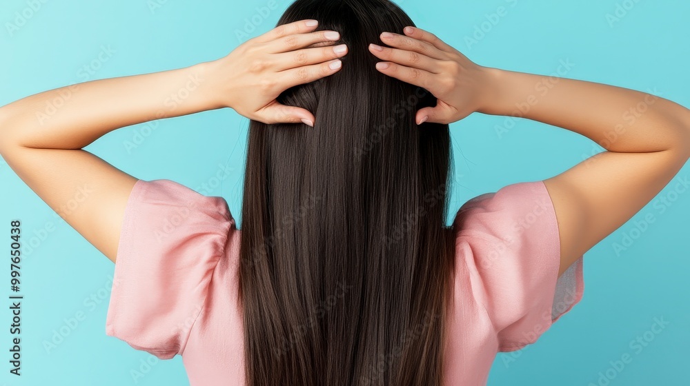 Woman with long straight hair against blue background in pink top Woman with long straight hair against blue background in pink top