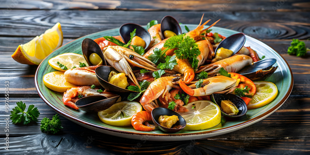 Seafood shrimp and mussels with lemon on a large plate in a restaurant , seafood, shrimp, mussels, lemon, delicious, fresh Seafood shrimp and mussels with lemon on a large plate in a restaurant , seafood, shrimp, mussels, lemon, delicious, fresh